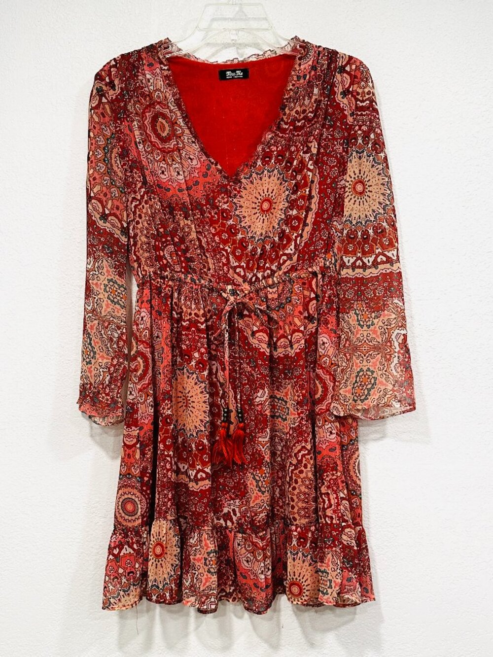 Miss Me Dress Boho Western V-Neck Long Sleeve Tassel Tie Waist MultiColor Sz Med